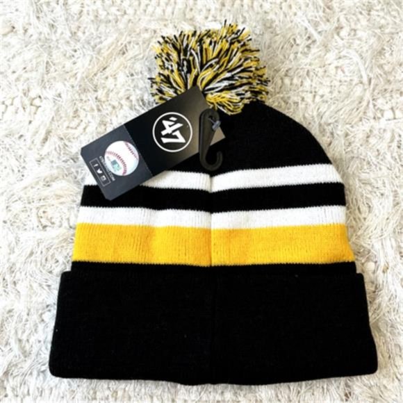 NEW Men's '47 Black Pittsburgh Pirates State Line Cuffed Knit Hat with Pom - Picture 5 of 10